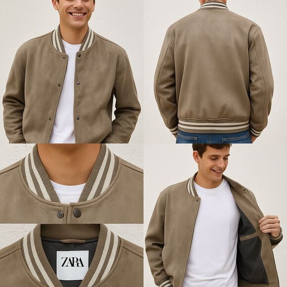 ZARA Varsity Bomber Jacket Mens M Faux Suede Taupe Tan Snap Front YKK Zip Lined - Picture 1 of 11